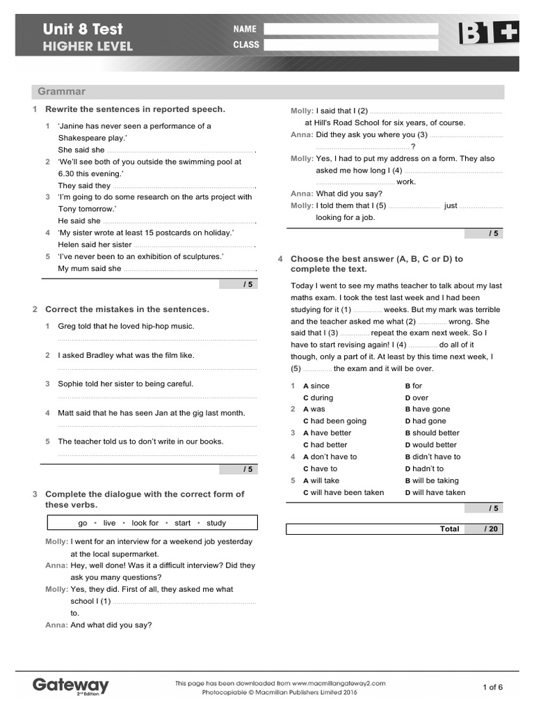 Gateway B1+ Unit 8 Test Review | PDF | Alice (Alice's Adventures In ...