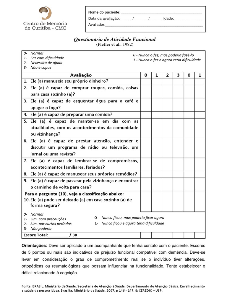 Questionário de Atividade Funcional Pfeffer | PDF | Autoajuda | Bem-estar