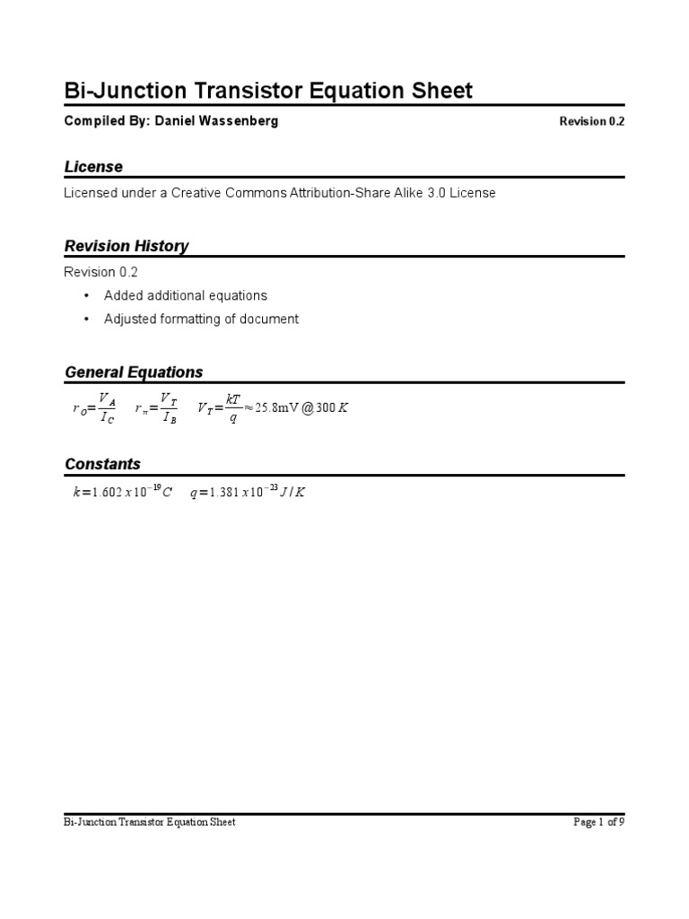 BJT Equation Sheet PDF