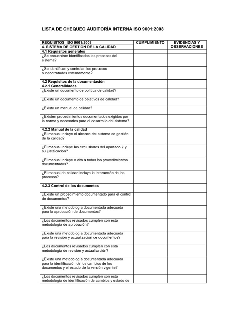 Cuestionario AuditorÍa Interna Iso 9001 Gestión De La Calidad