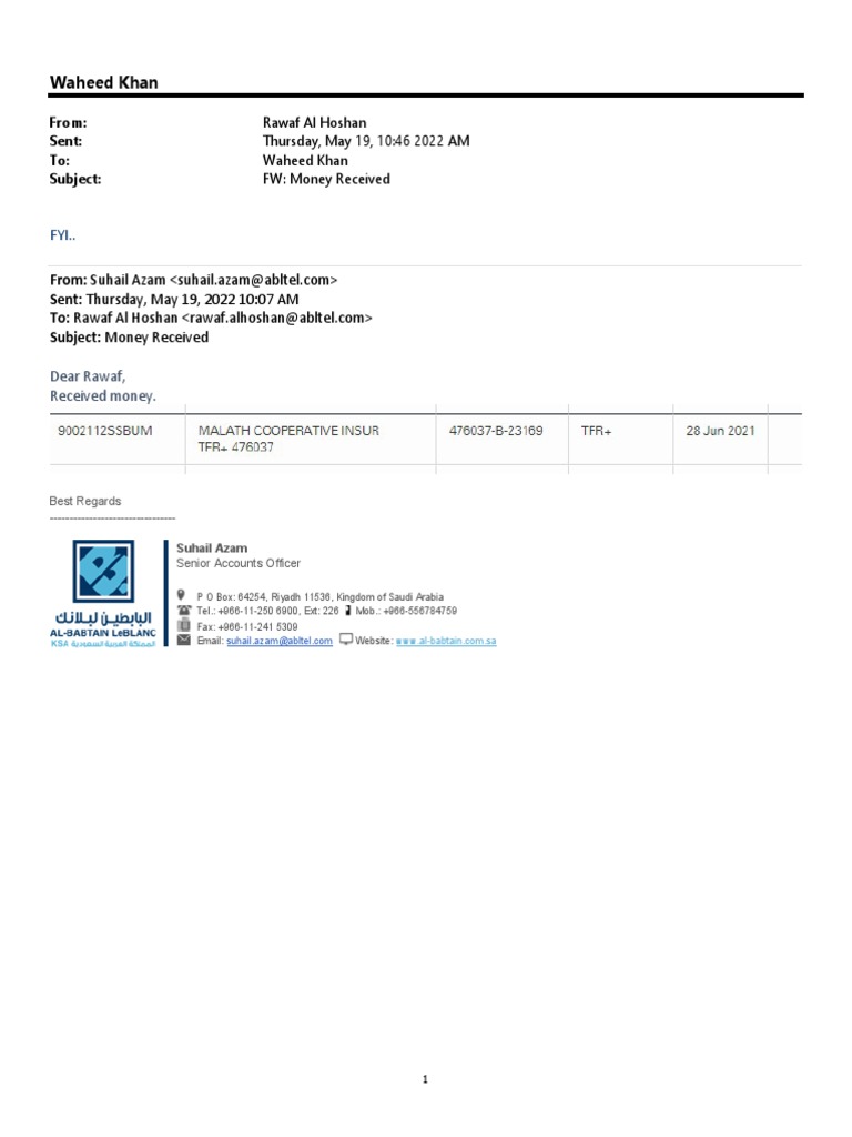 Waheed Khan: Sent: Thursday, May 19, 2022 10:07 AM Subject: Money ...