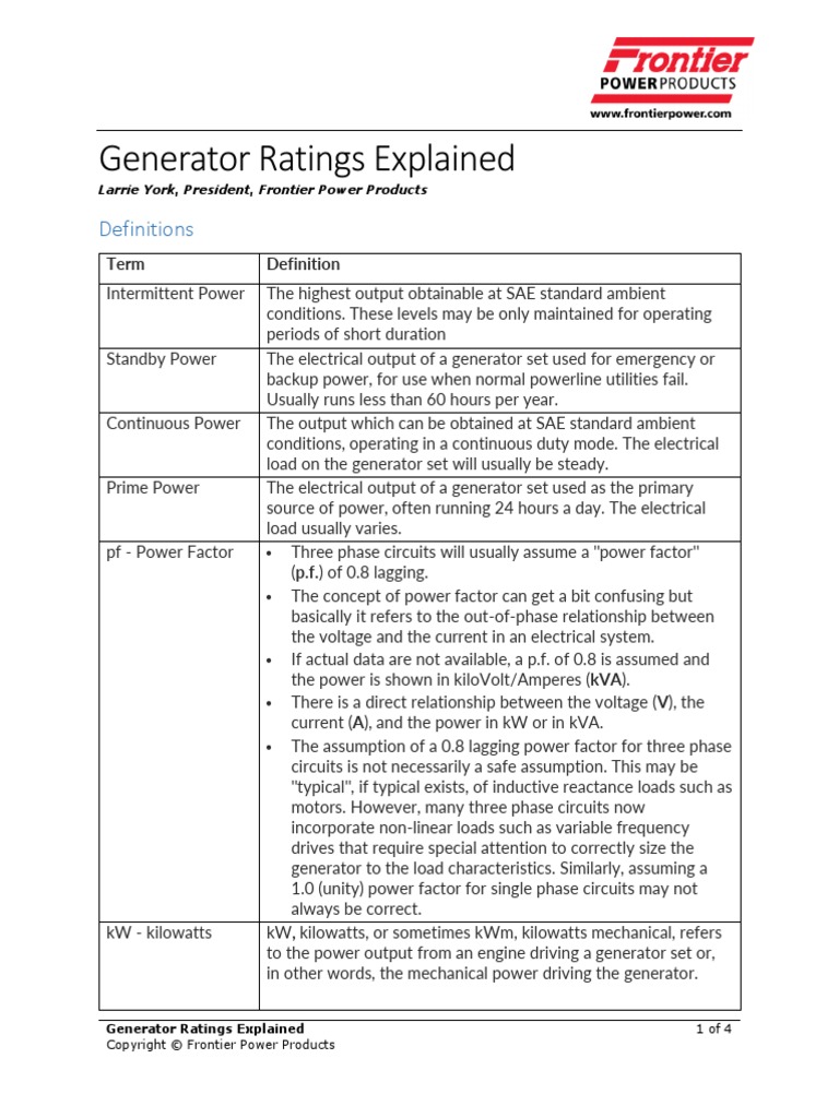 Generator Ratings Explained Definitions PDF Watt Electric Generator