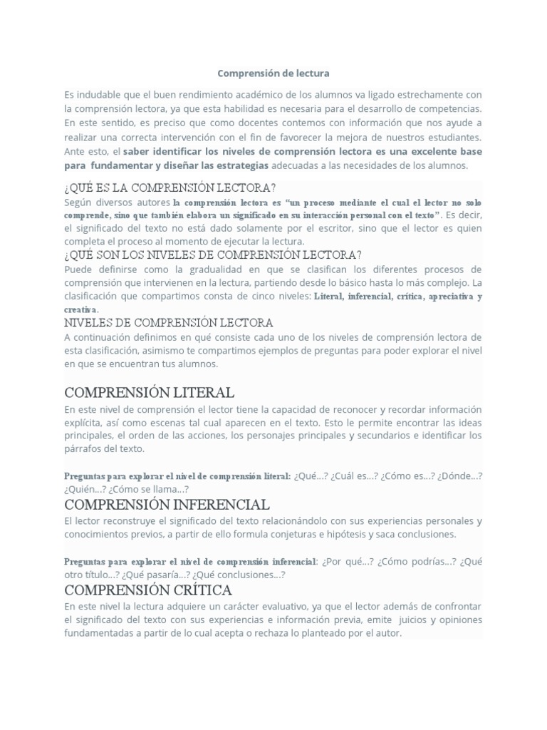 Niveles de La Comprension Lectora | PDF | Comprensión lectora ...