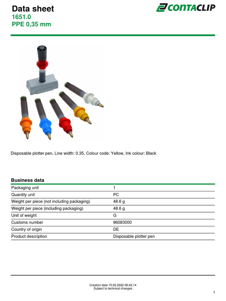 Disposable plotter pen data sheet | PDF | Packaging And Labeling | Printing