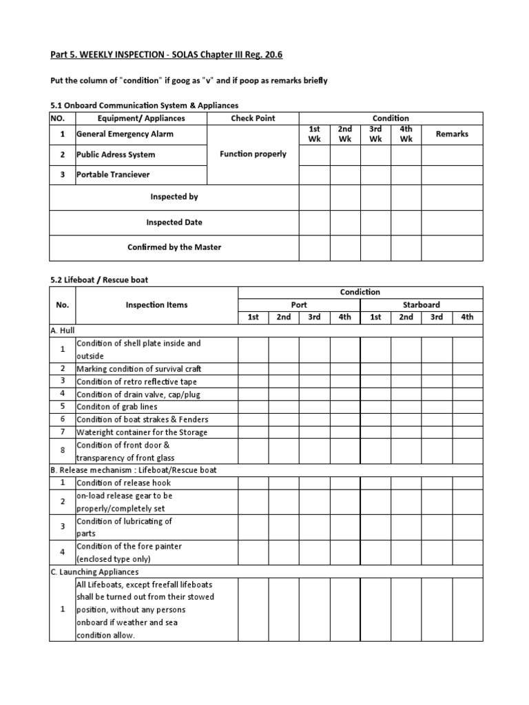 Weekly Inspection for SOLAS LSA Compliance | PDF | Shipping | Water ...
