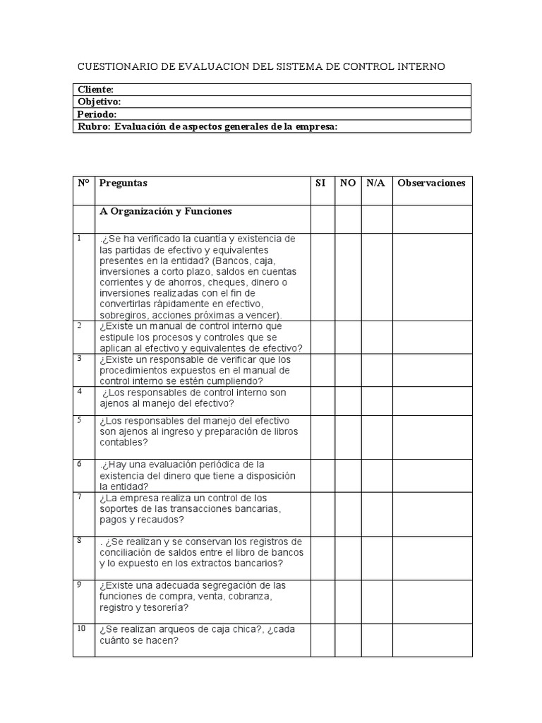 Cuestionario de Evaluacion Del Sistema de Control Interno | PDF ...