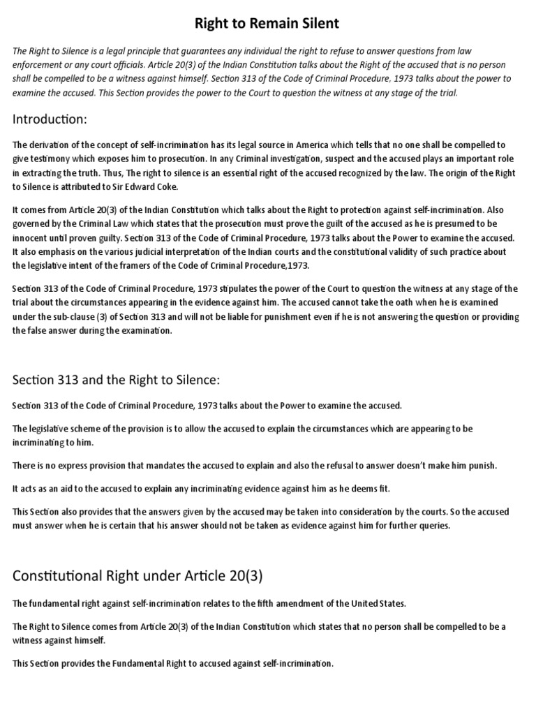 Right To Remain Silent | PDF | Right To Silence | Self Incrimination