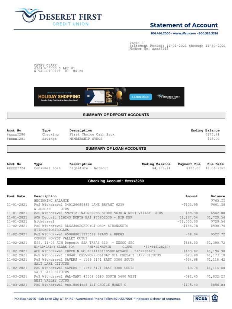 Deseret First CU November Statement | PDF | Cheque | Interest