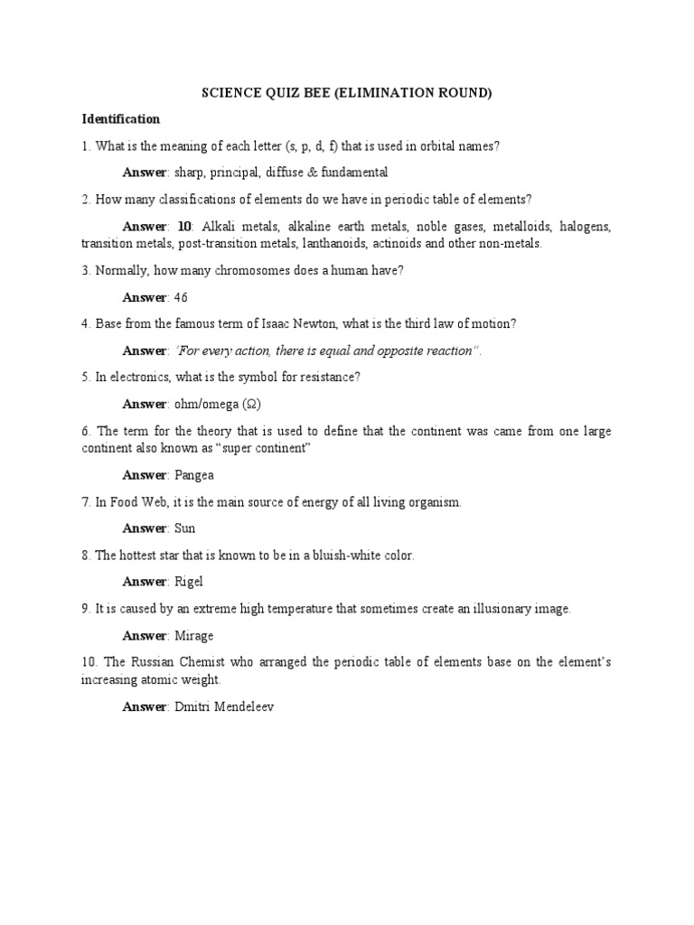 Science Quiz Bee Questions PDF Chemical Elements Periodic Table
