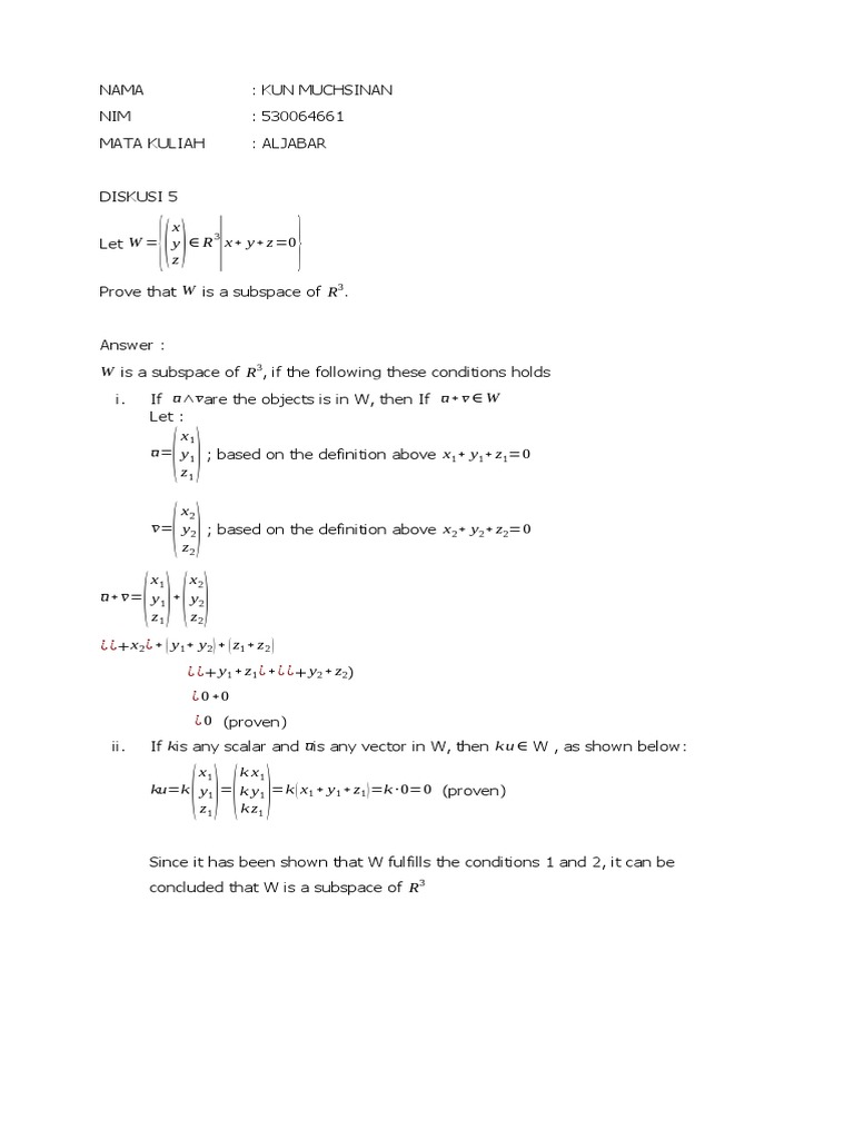 Proving W as Subspace of R3 | PDF
