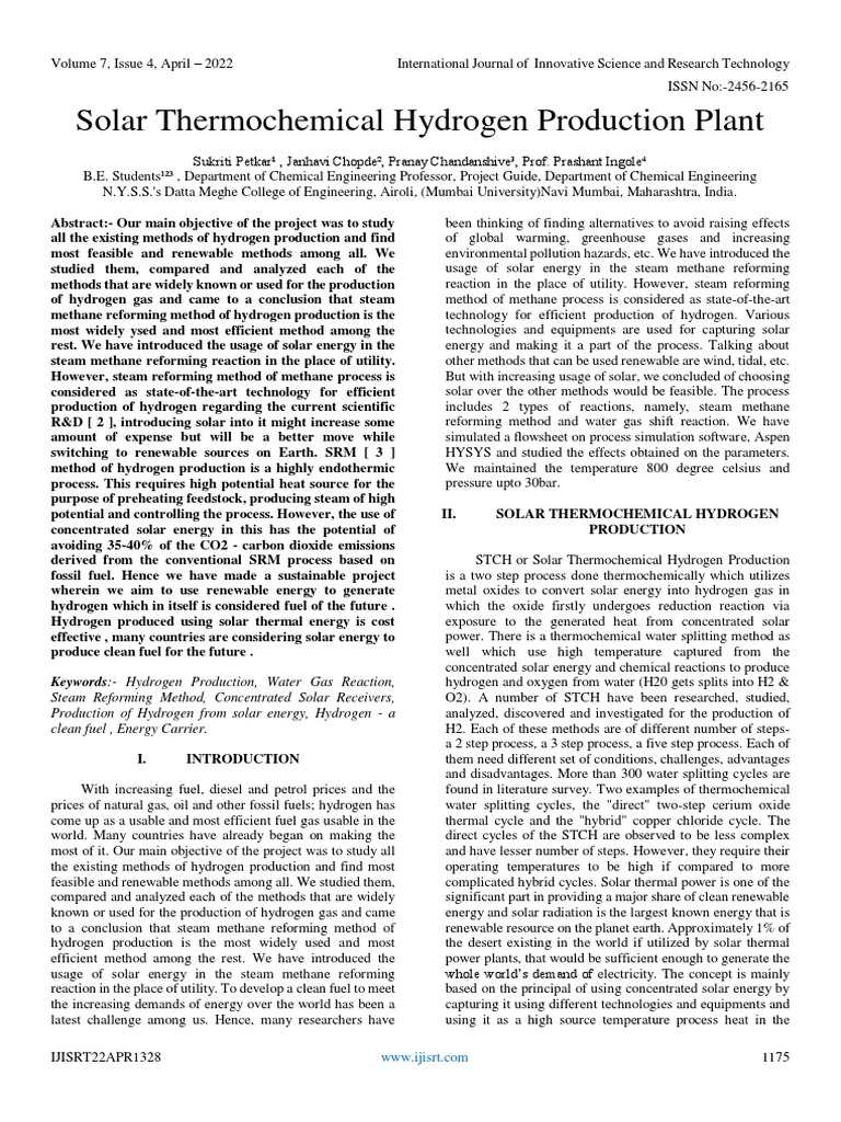 Solar Hydrogen Production via Thermochemical Methods | PDF | Solar ...