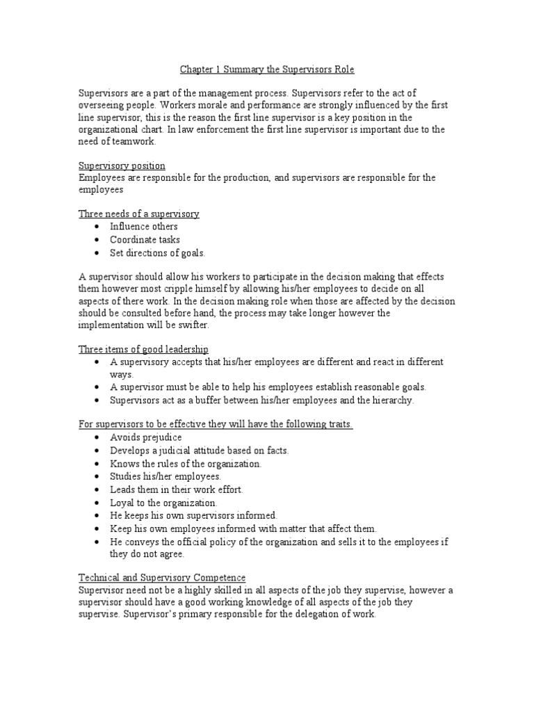Chapter 1 Summary The Supervisors Role | PDF | Alcoholism | Leadership