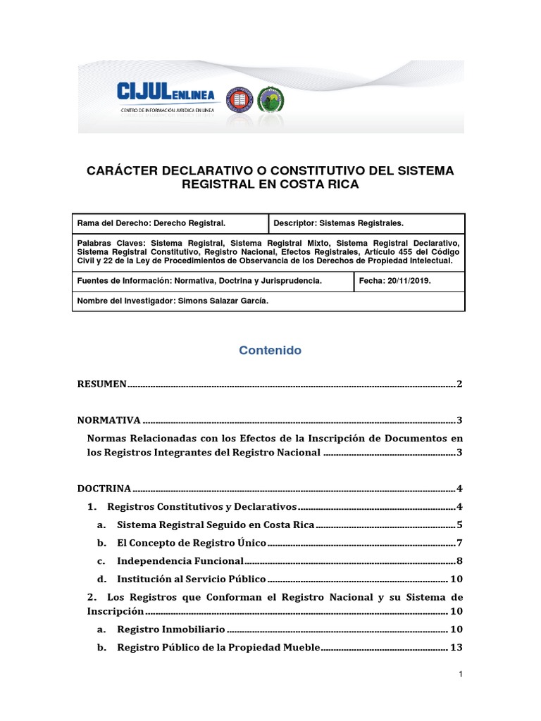 Carácter Declarativo o Constitutivo Del Sistema Registral en Costa Rica