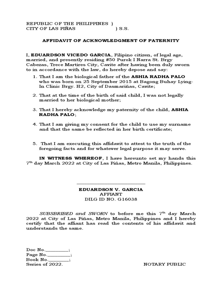 Affidavit of Acknowledgment of Paternity Eduardson Garcia | PDF ...