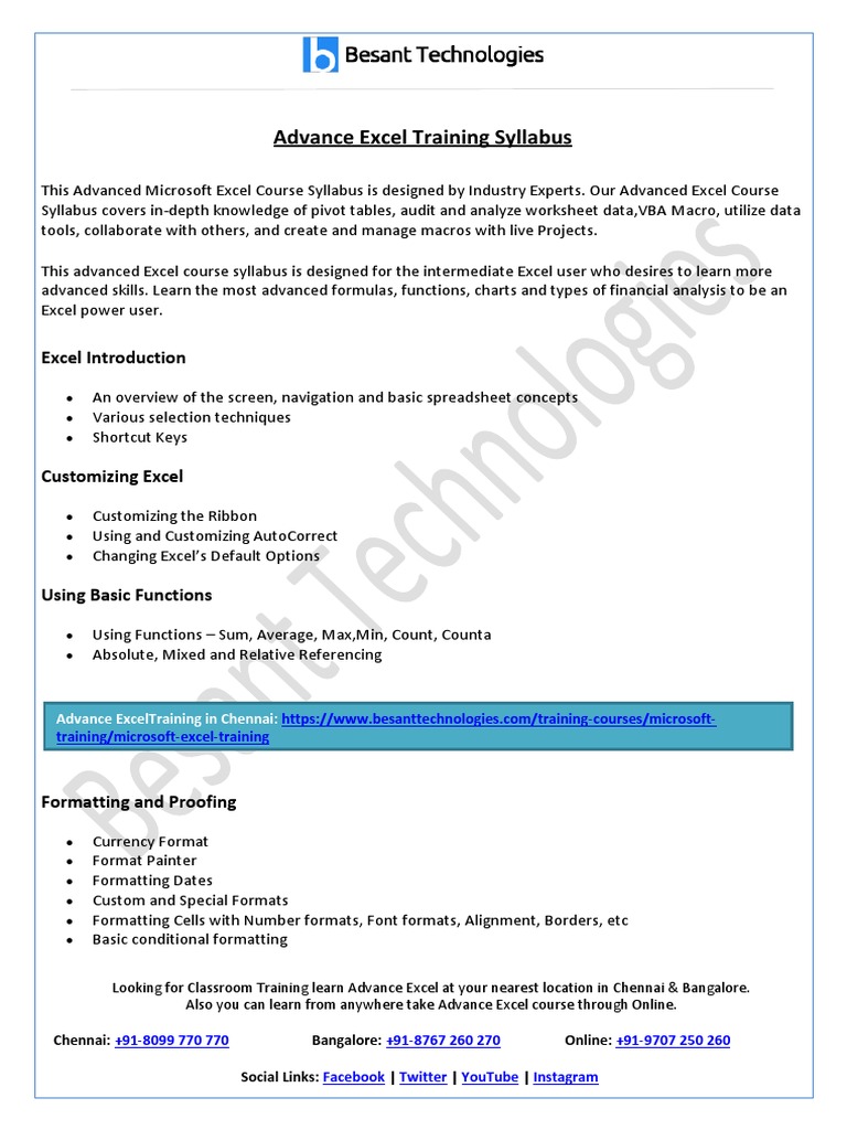 Advance Excel Training Syllabus Download Free Pdf Microsoft Excel