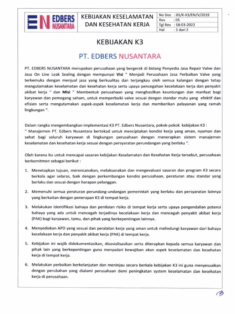 Kebijakan K3 PT Edbers Nusantara 2022 | PDF | Teknologi & Rekayasa