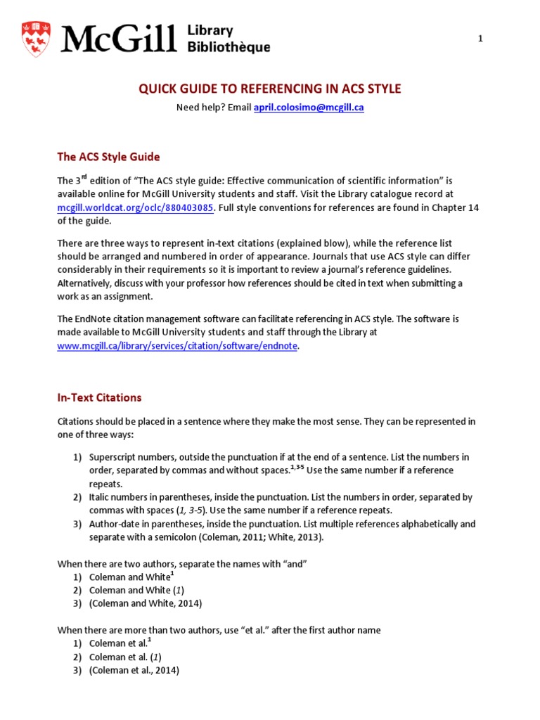 Quick Guide To Referencing in Acs Style PDF Citation Punctuation