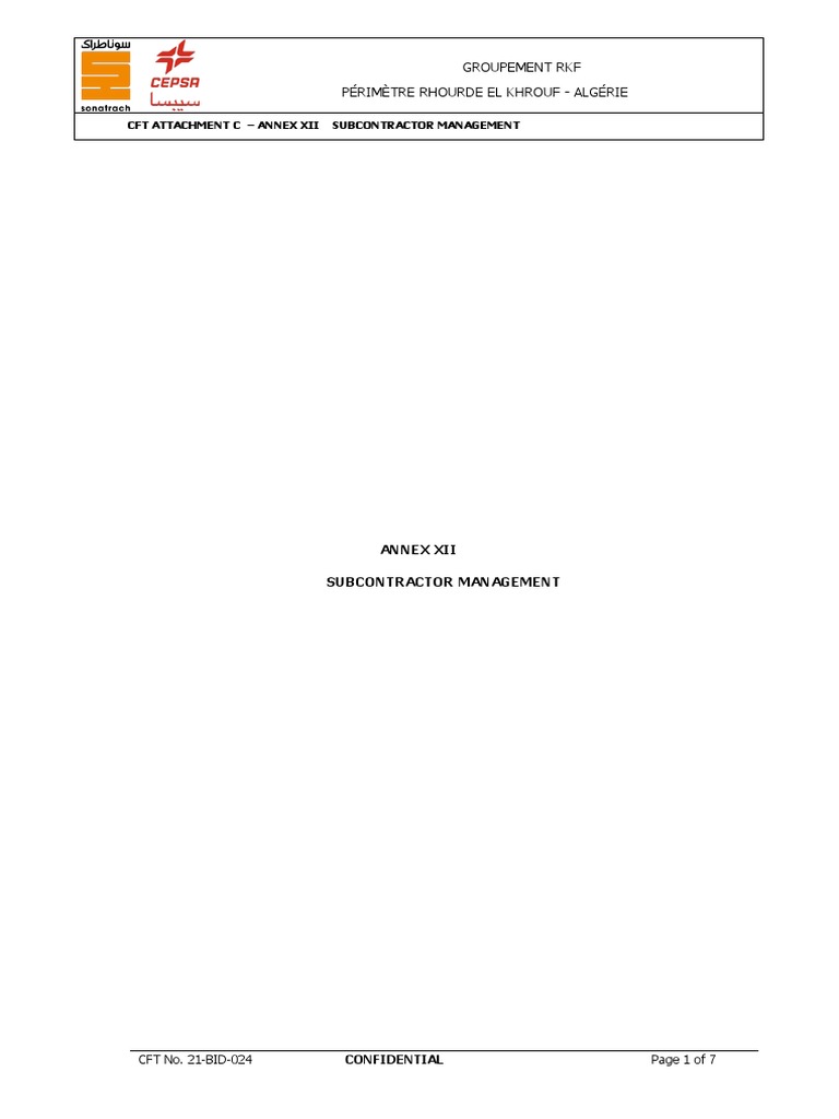 13 CFT - 21-BID-024 - FEED 2.0 ANNEX XII - Subcontractor - Management ...