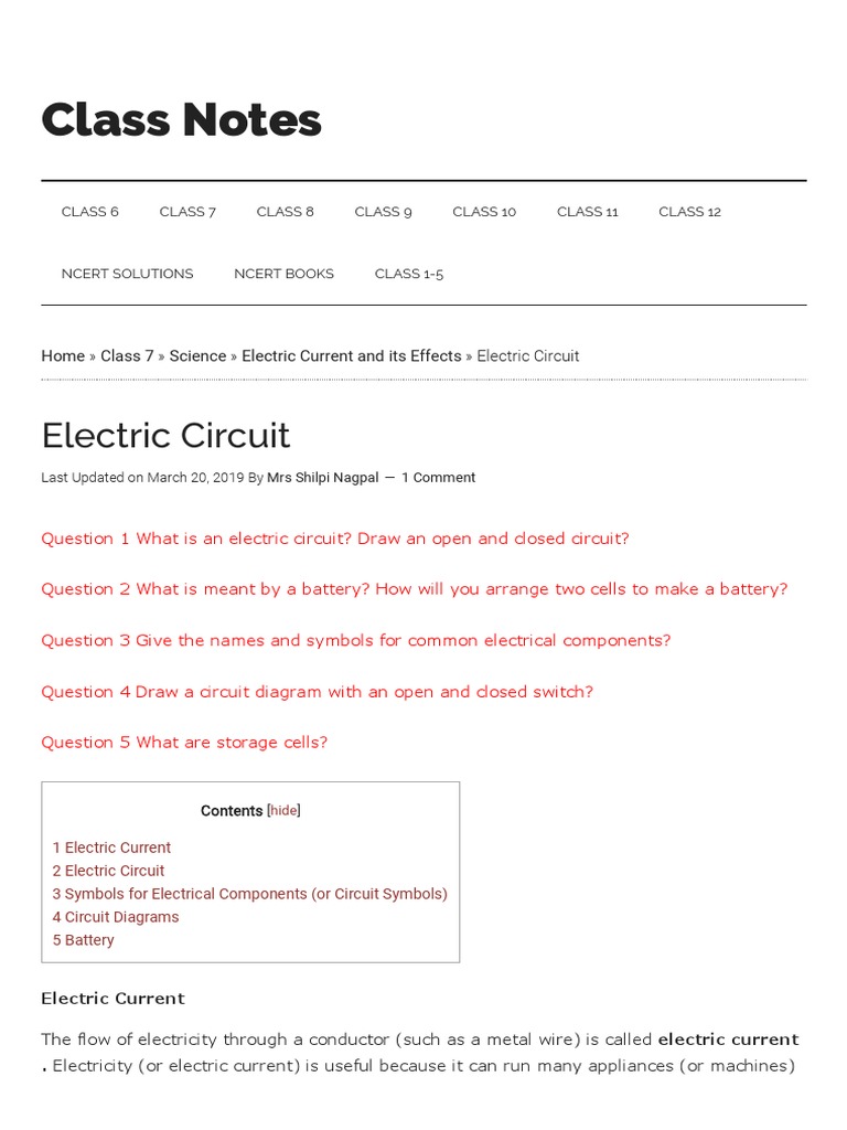 Electric Circuit Class 7, Electric Current and Its Effects, Science