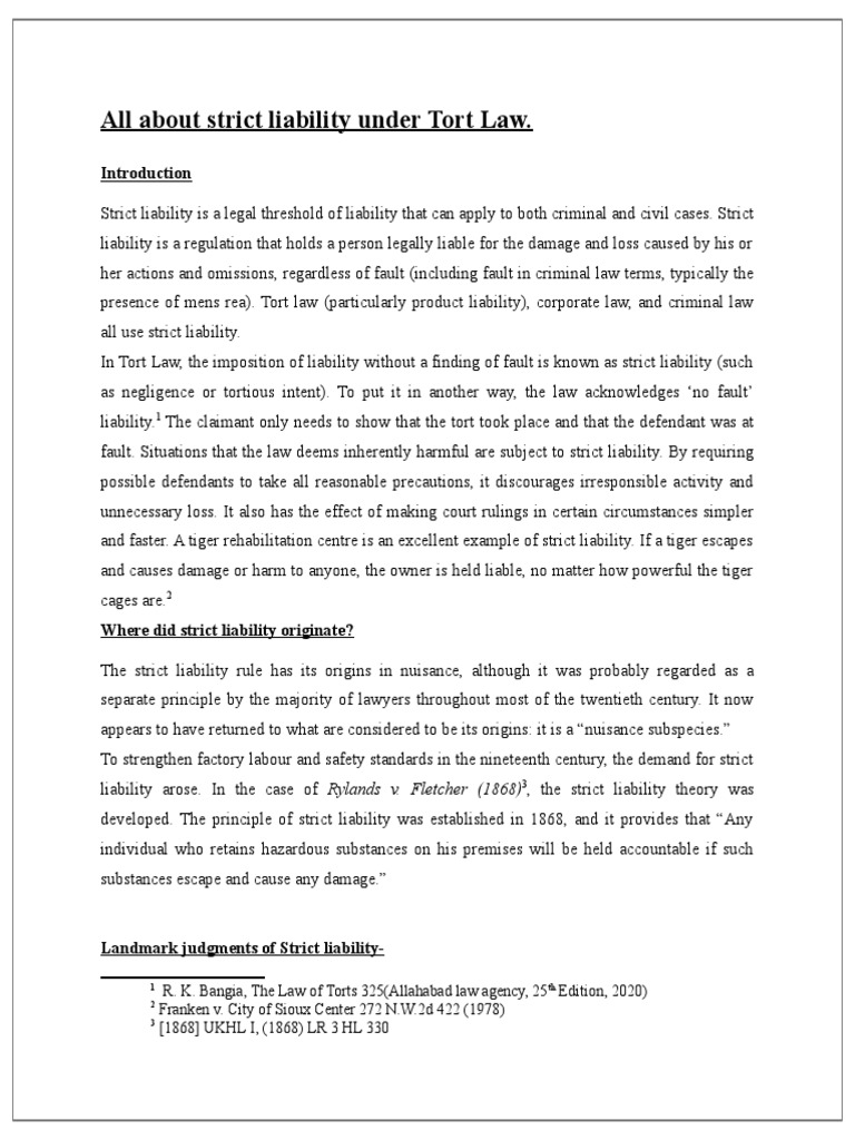 All About Strict Liability Under Tort Law Pdf Strict Liability