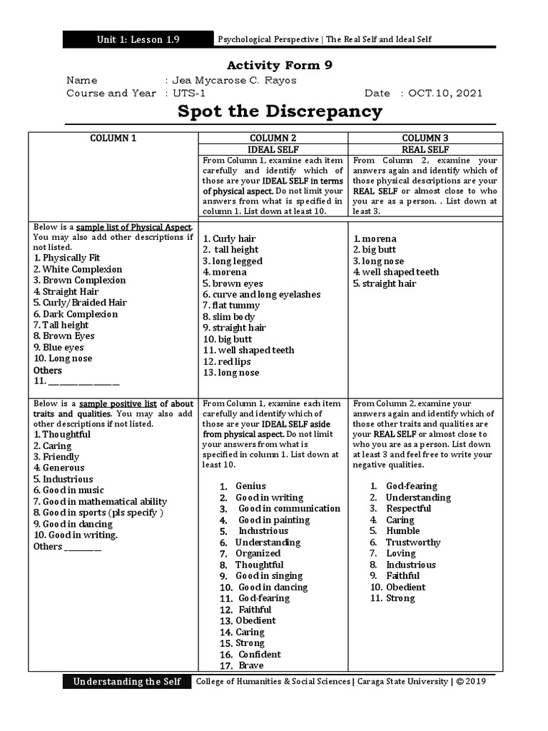 Spot The Discrepancy: Activity Form 9 | PDF | Self | Hair