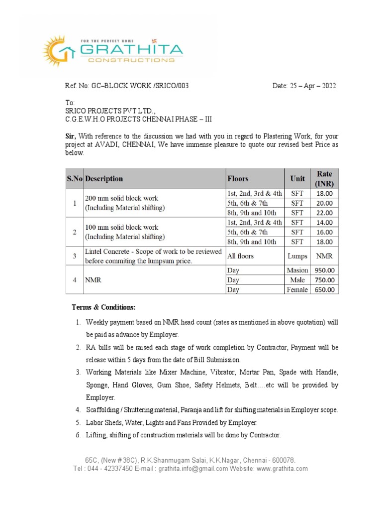 Plastering Work Quotation for SRICO | PDF