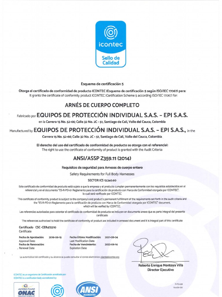Certificado ansi z359 11 2014 arnes epi pdf