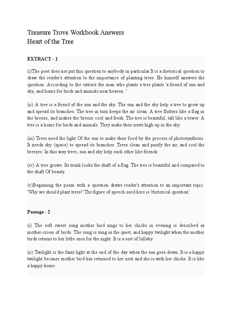Treasure Trove Workbook Answers Heart of The Tree Extract 1 PDF
