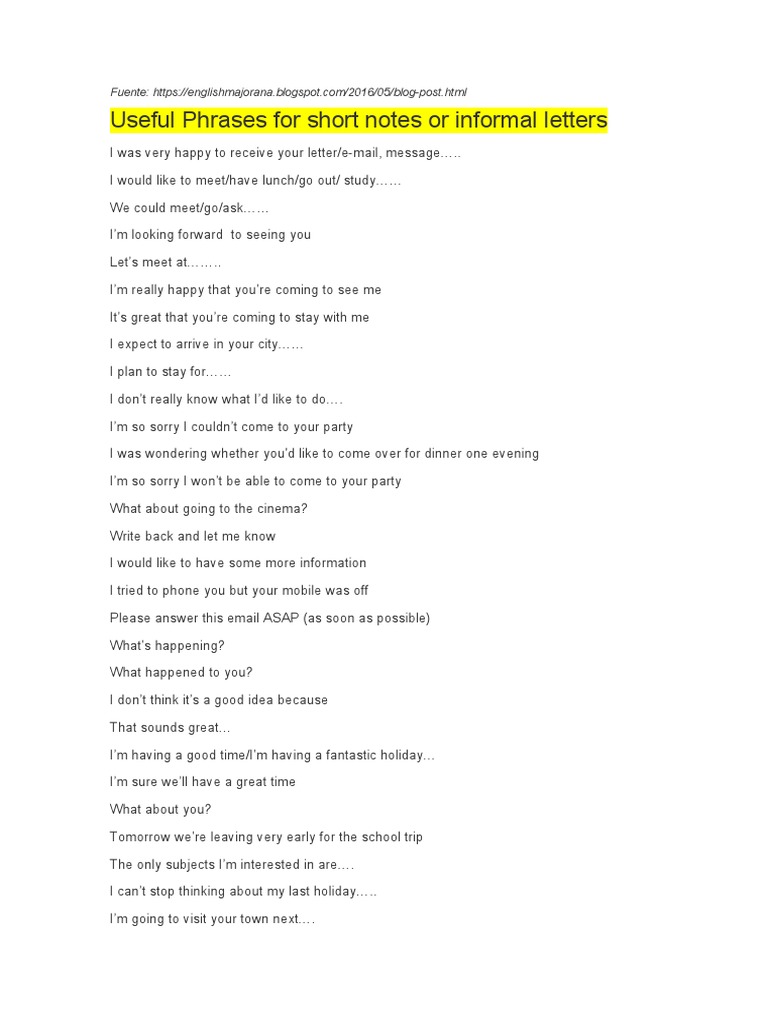 Phrases for Informal Notes and Letters | PDF