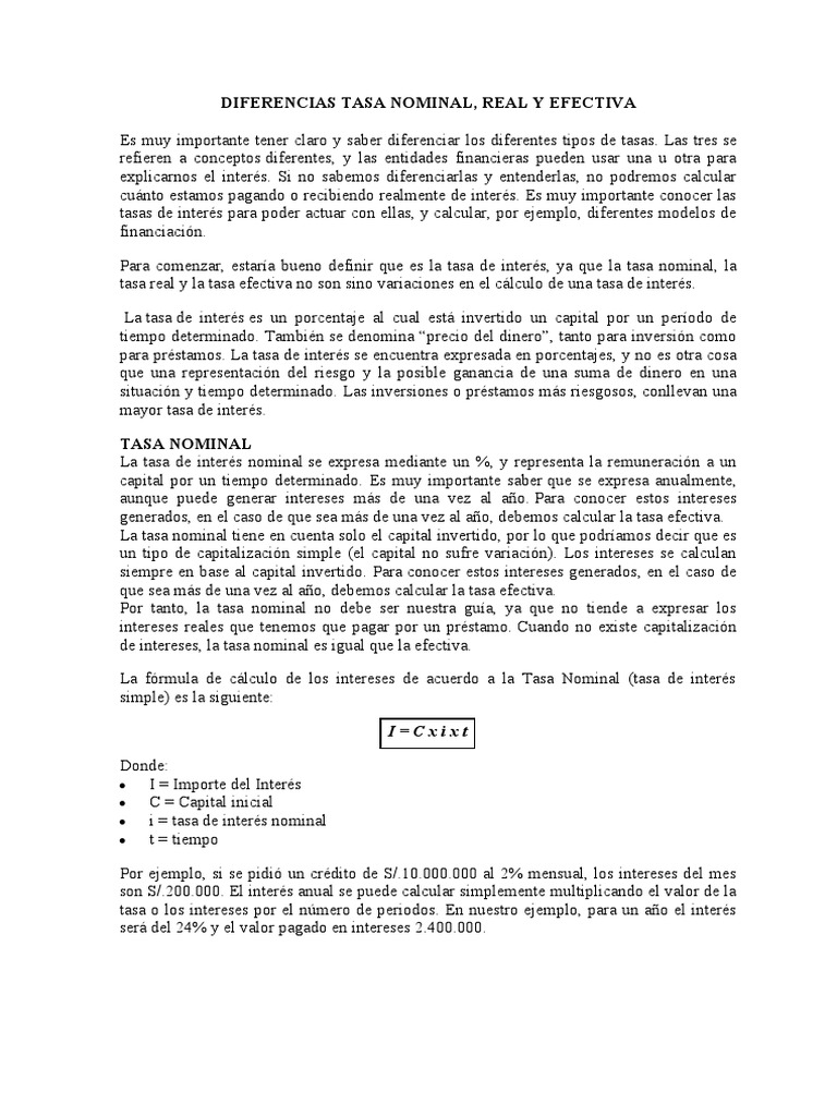 m2 Diferencias Tasa Nominal Efectiva y Real | PDF | Interés | Tasas de ...