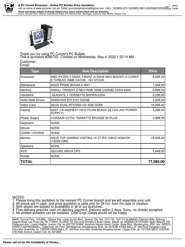 Customer: Email:: Type Item Description Price | PDF | Office Equipment ...