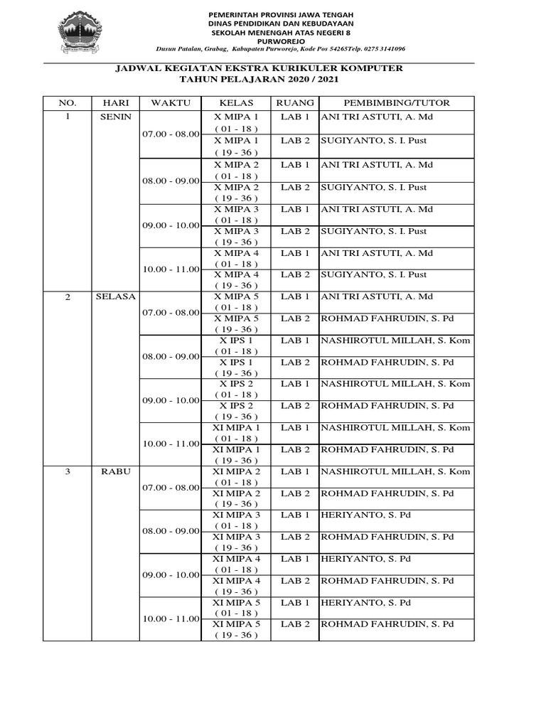 Jadwal Kegiatan Eskul Komputer 2020 - 2021 | PDF