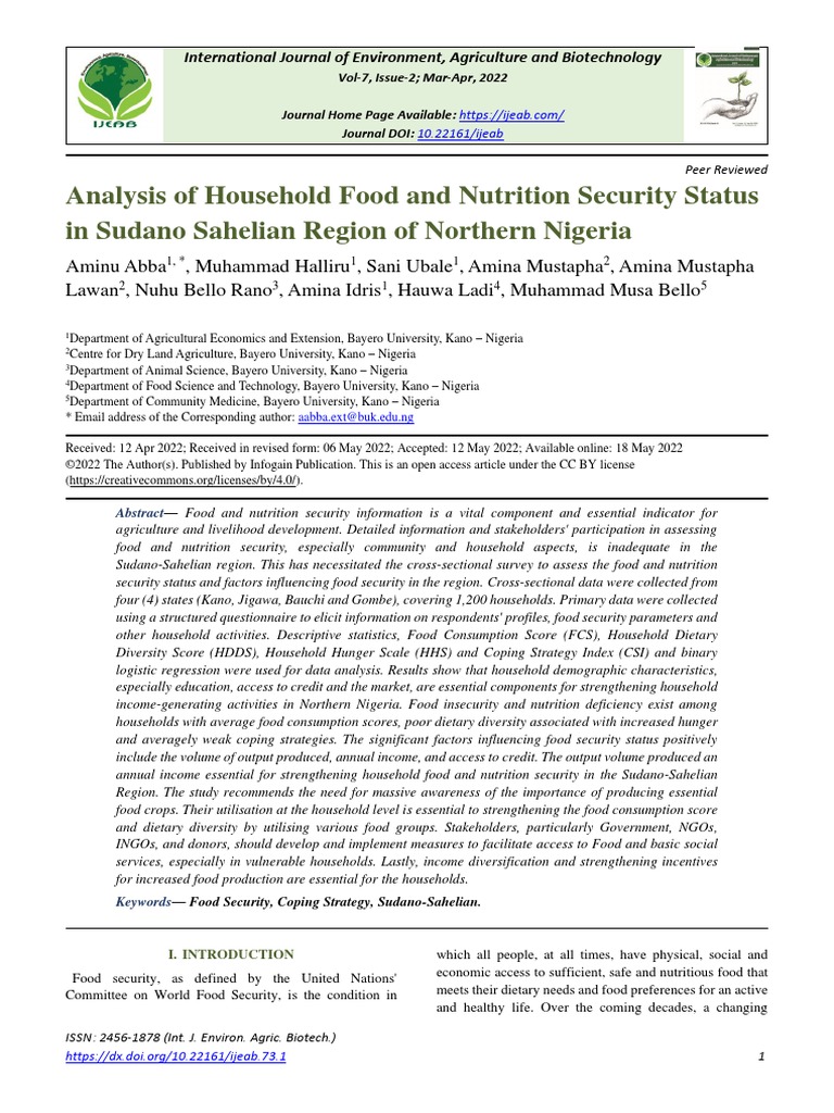 Analysis of Household Food and Nutrition Security Status in Sudano ...