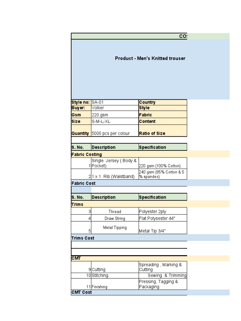 Cost Sheet PDF Seam (Sewing) Textiles