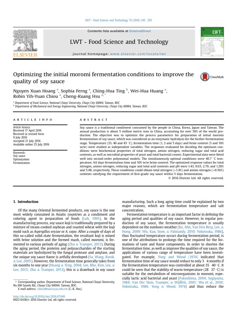 Optimizing The Initial Moromi Fermentation Conditions To Improve The