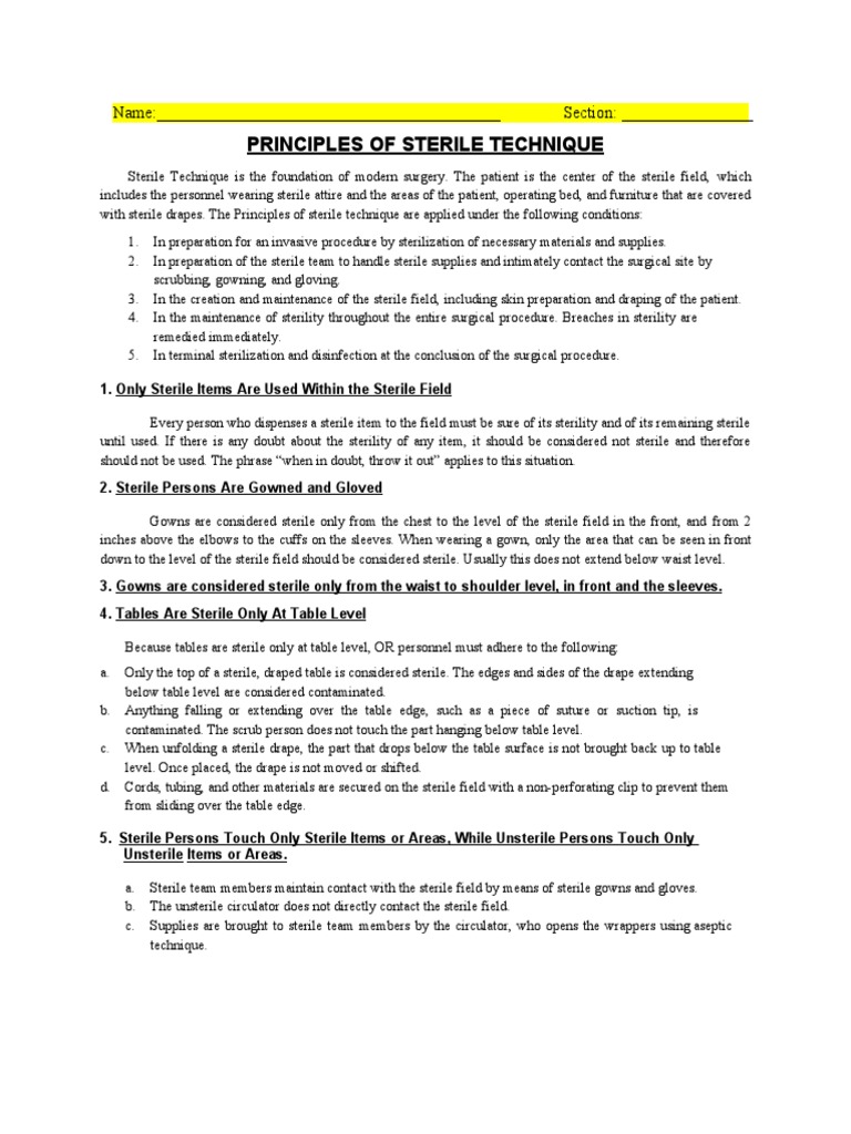 Principles of sterile technique name section pdf surgery
