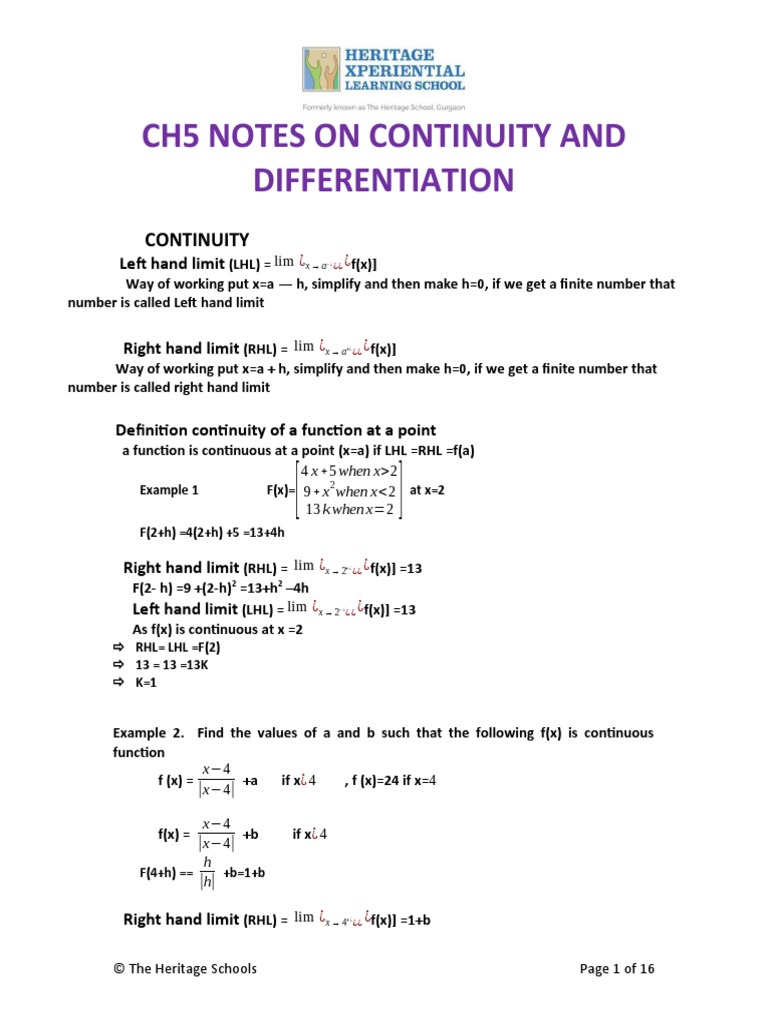 CH-5 Continuity and Differntiation Notes | PDF | Continuous Function ...