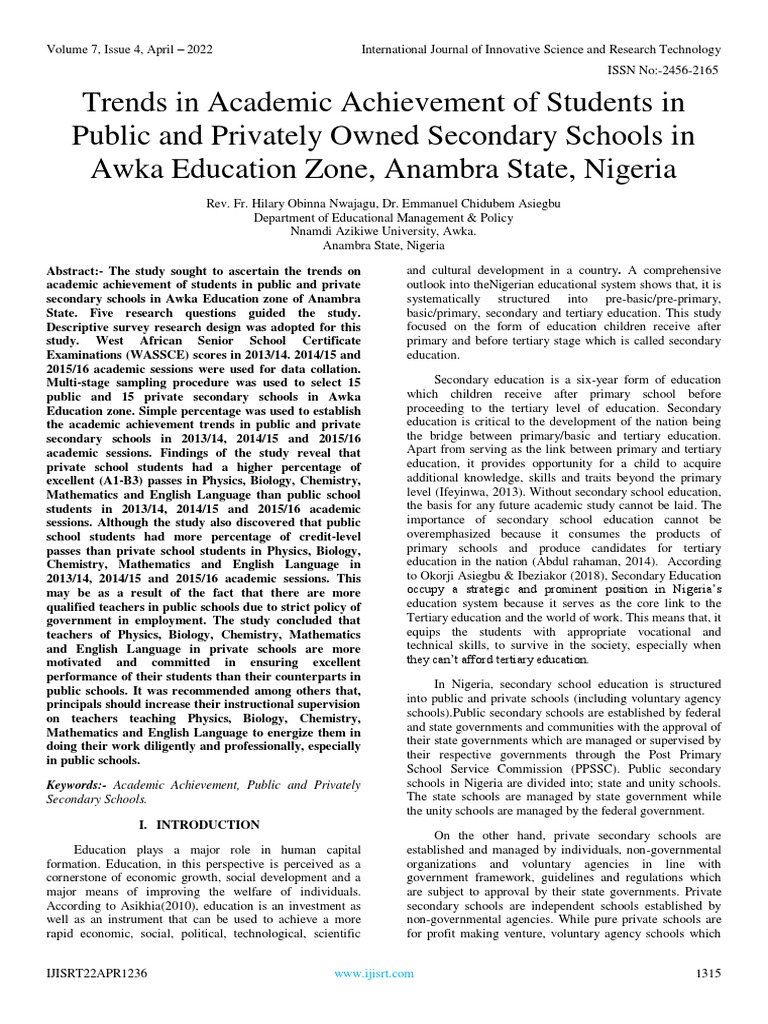 Trends in Academic Achievement of Students in Public and Privately