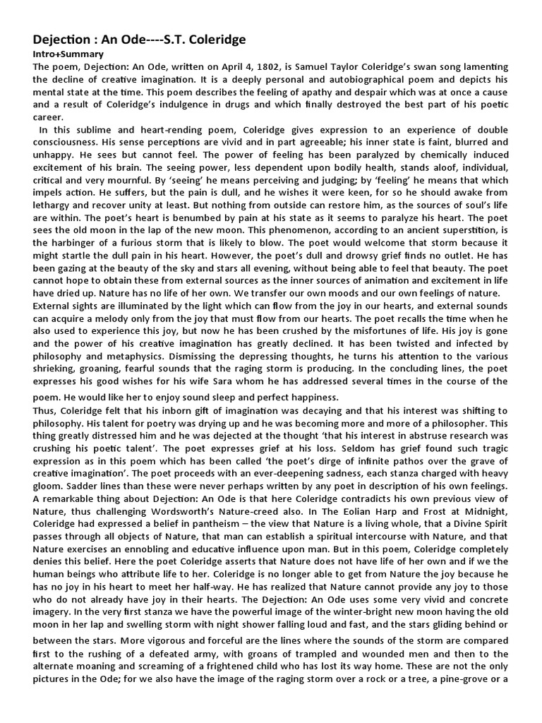 Dejection An Ode S.T. Coleridge Intro+Summary PDF