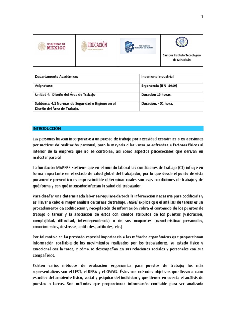 4.1 Normas de Seguridad e Higiene | PDF | Factores humanos y ergonomía ...