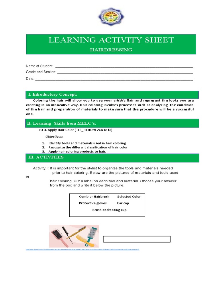 Learning Activity Sheet Hairdressing PDF Hairdresser