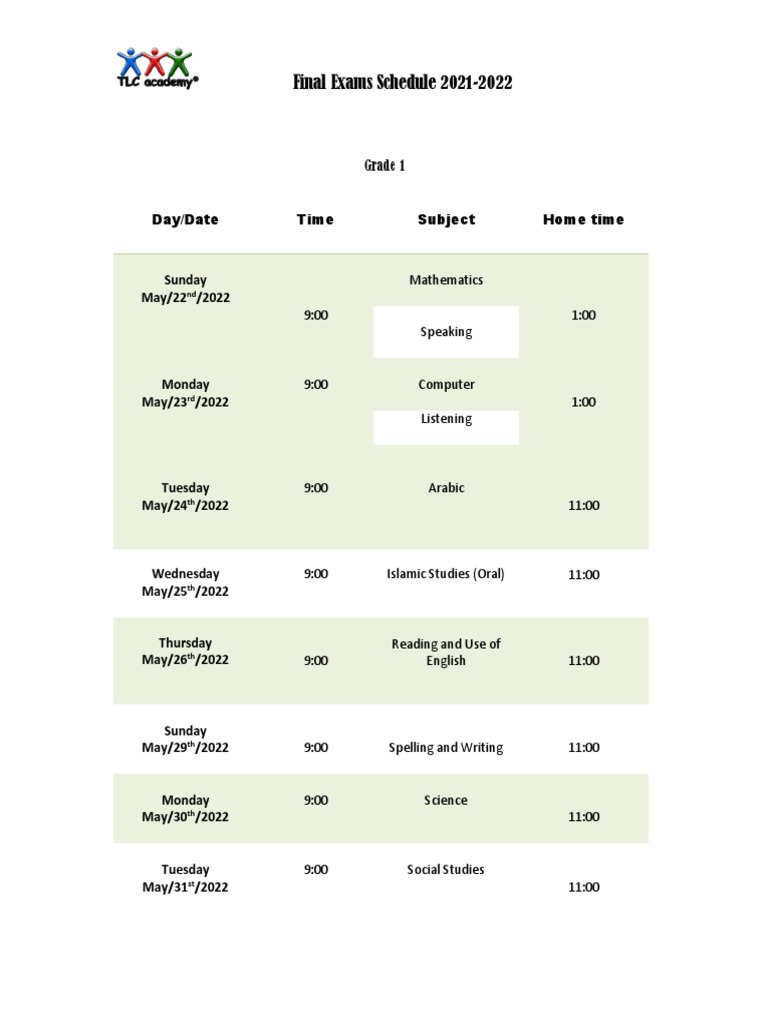 Grade 1 Exam Schedule 2022 | PDF