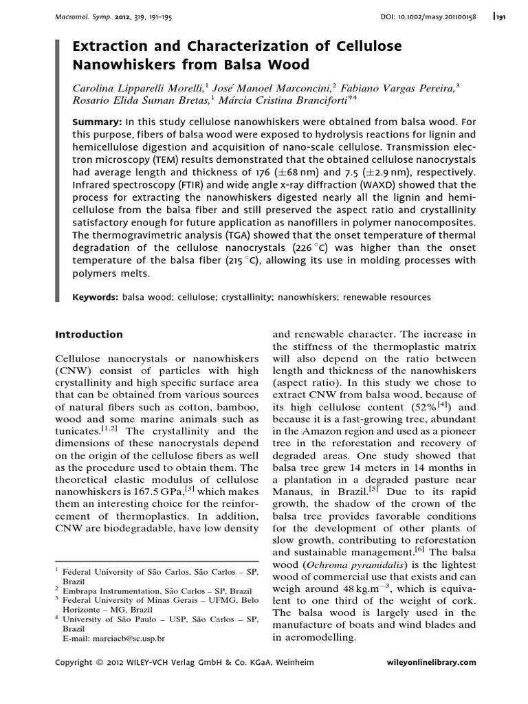 Extraction and Characterization of Cellulose Nanowhiskers From Balsa ...