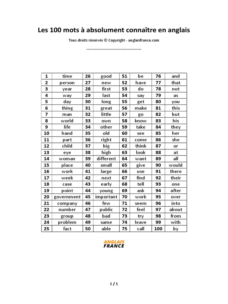 Les 100 mots à absolument connaître en anglais by ANGLAIS FRANCE PDF