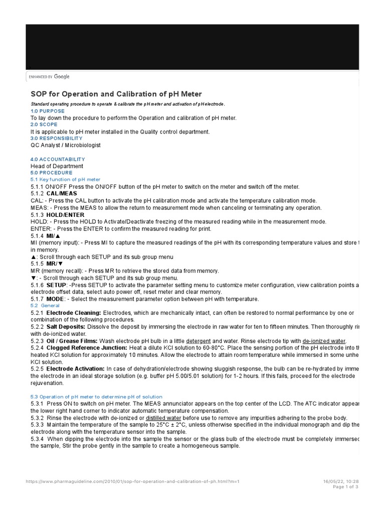 SOP For Operation and Calibration of PH Meter Pharmaceutical