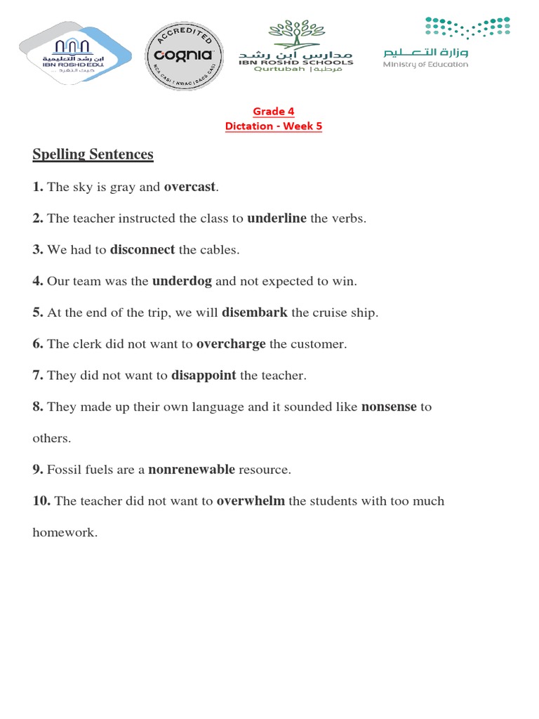Spelling Sentences Grade 4 Dictation Week 5 PDF