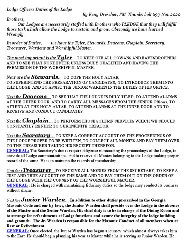 Lodge Officer Responsibilities Explained | PDF | Freemasonry