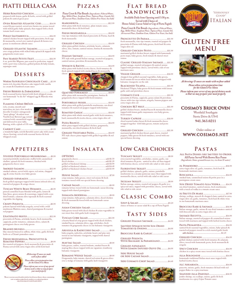 Cosimo #39 s Gluten Free Menu Download Free PDF Italian Cuisine Salad