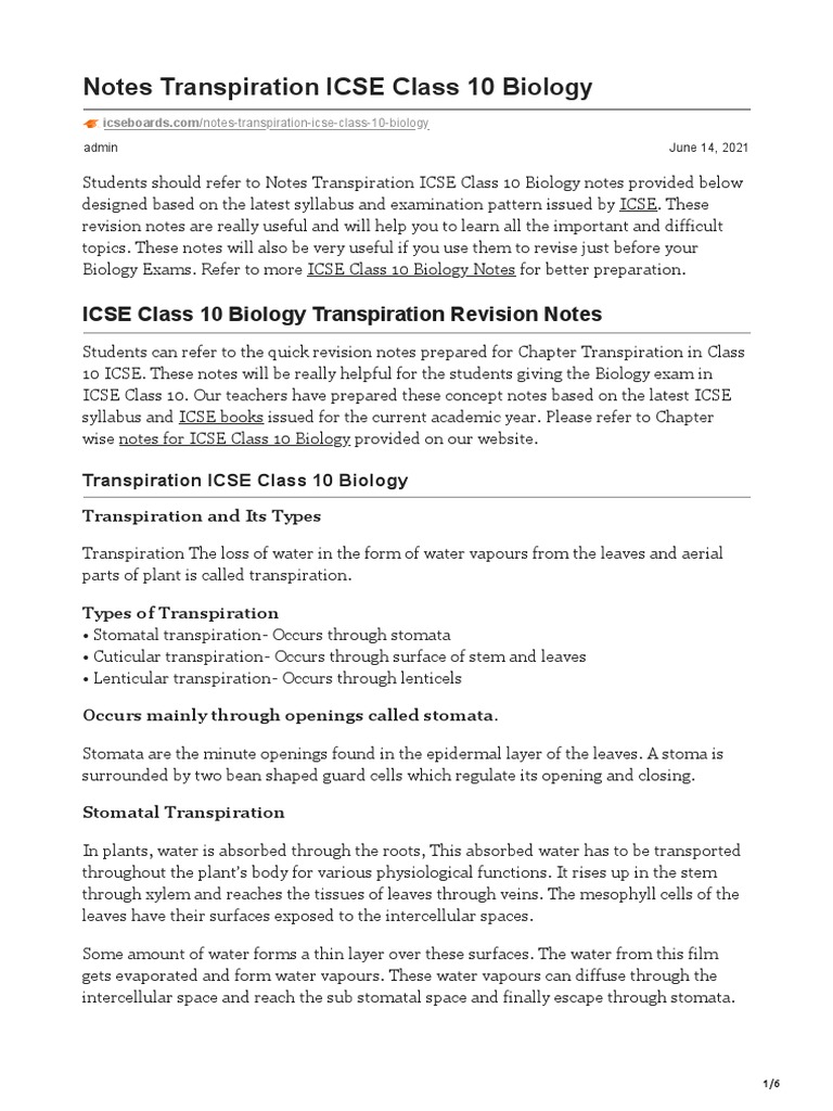 Notes Transpiration ICSE Class 10 Biology PDF Stoma Leaf
