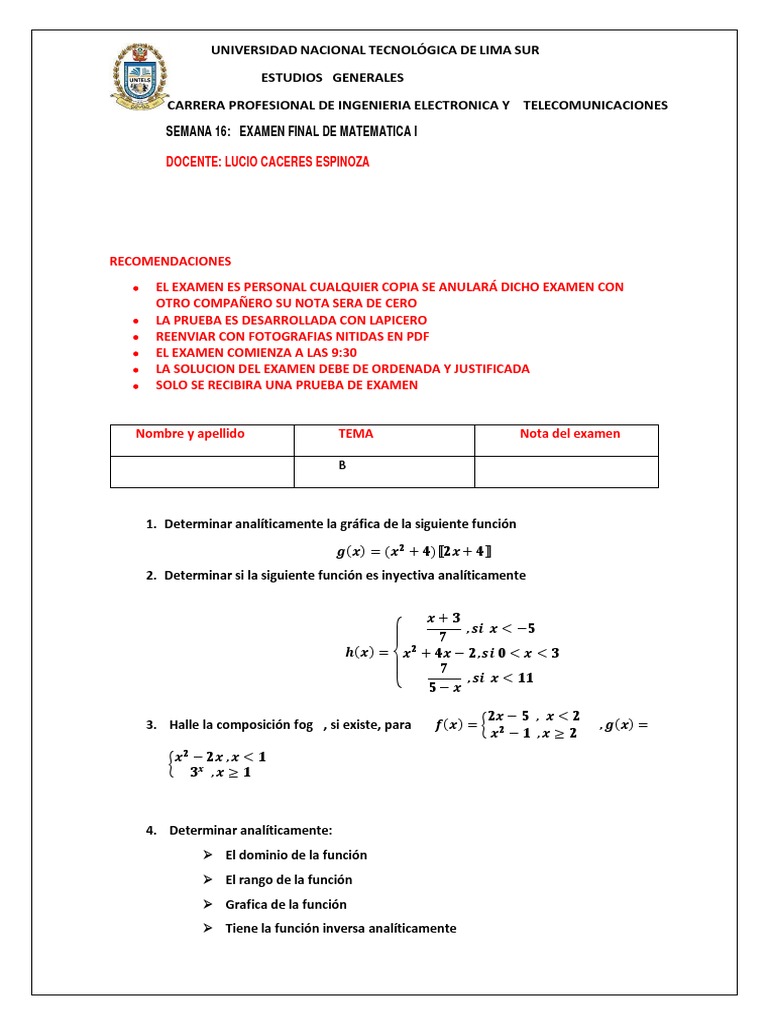 Examen Final Mate 1 | PDF | Función (Matemáticas)